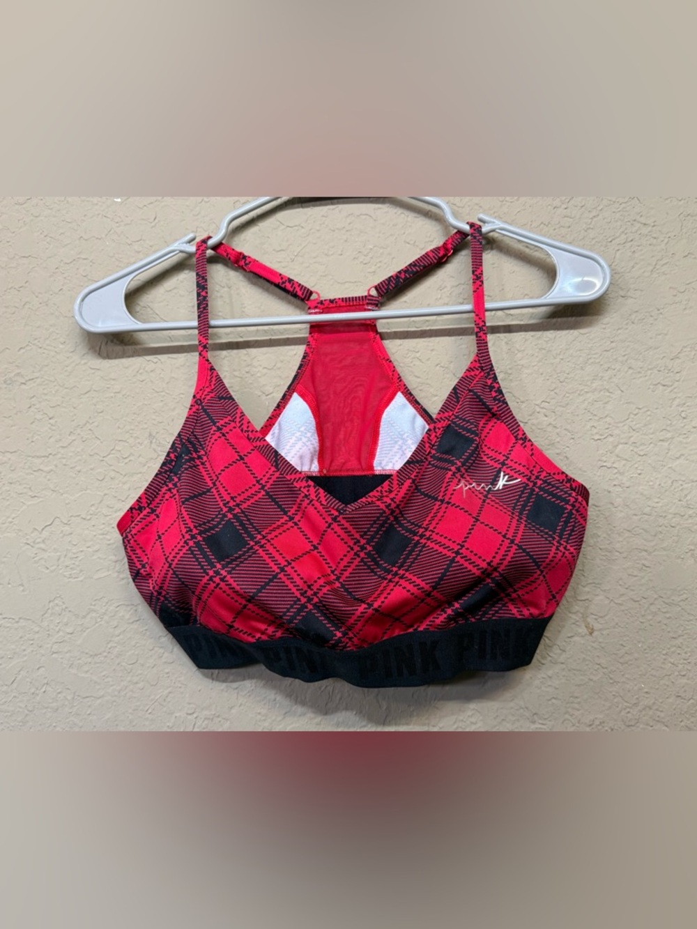 New PINK Victoria's Secret Red Plaid Strappy Sports Bra